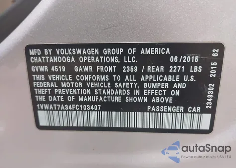 2015 Volkswagen Passat 1.8T Limited Edition из США, поврежденный, VIN 1VWAT7A34FC103407